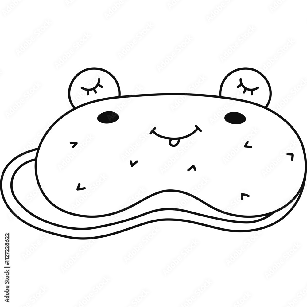 Cute doodle sleeping mask in the shape of frog head. Funny childish animal eye mask with dreaming toad. Hand drawn vector bedtime accessory for comfort night. Line clipart isolated on background.