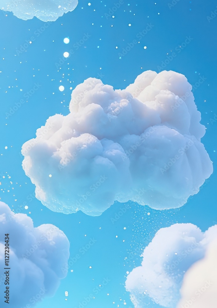 Fluffy white clouds float in a vibrant blue sky, adorned with sparkling dust. Fluffy white clouds float in a vibrant blue sky, adorned with sparkling dust.