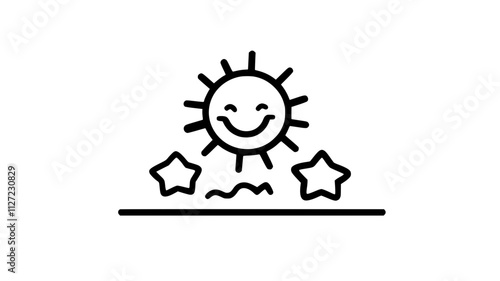 Happy sun illustration with smiling face and stars in gray tones with copy space