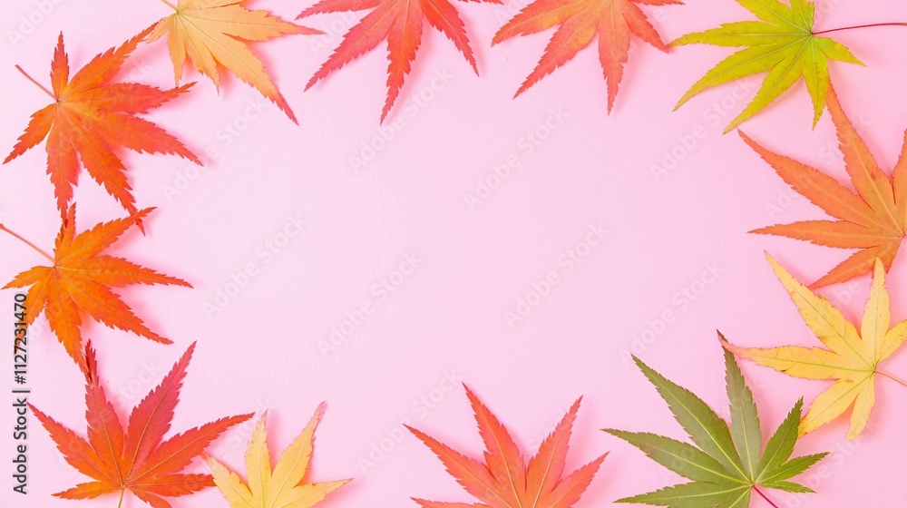 Colorful Autumn Leaves Arrangement on Pink Background Colorful Autumn Leaves Arrangement on Pink Background