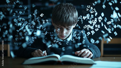 A classroom environment where a boy is reading with floating letters forming a path leading from the book, symbolizing the journey of literacy and overcoming dyslexia.