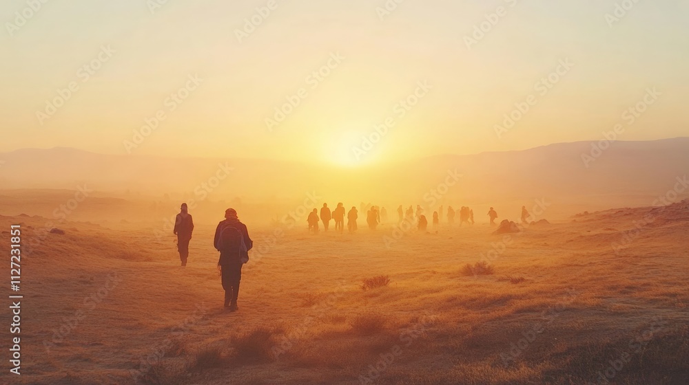 People Walking Towards a Stunning Sunrise in a Misty Landscape People Walking Towards a Stunning Sunrise in a Misty Landscape