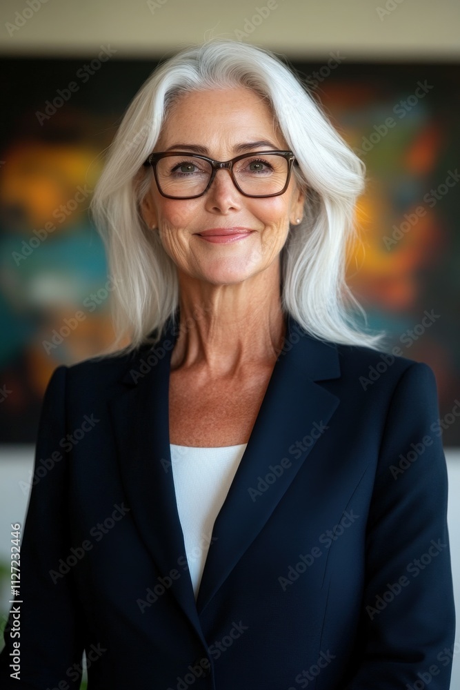 Confident professional woman with silver hair in elegant attire Confident professional woman with silver hair in elegant attire