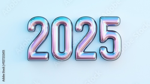 A shiny, stylized representation of the year "2025" in vibrant hues against a light background.