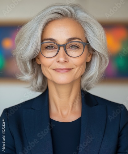 Professional woman with gray hair in formal attire smiling