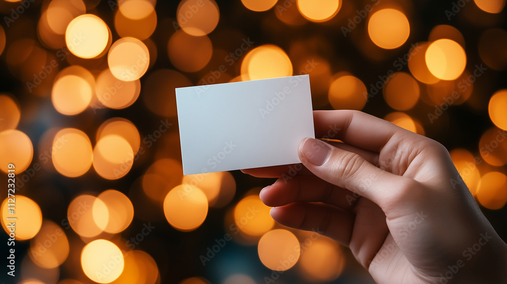 A hand positioned against a dazzling golden bokeh background holds a blank transparent business card, ready for custom branding or design. A hand positioned against a dazzling golden bokeh background holds a blank transparent business card, ready for custom branding or design.