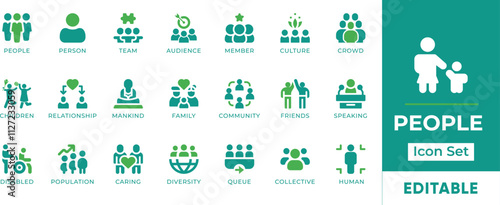 People Icon Set. Features editable icons for people, person, team, audience, member, culture, crowd, children, and more. Perfect for websites, apps, and digital projects related to social issues.