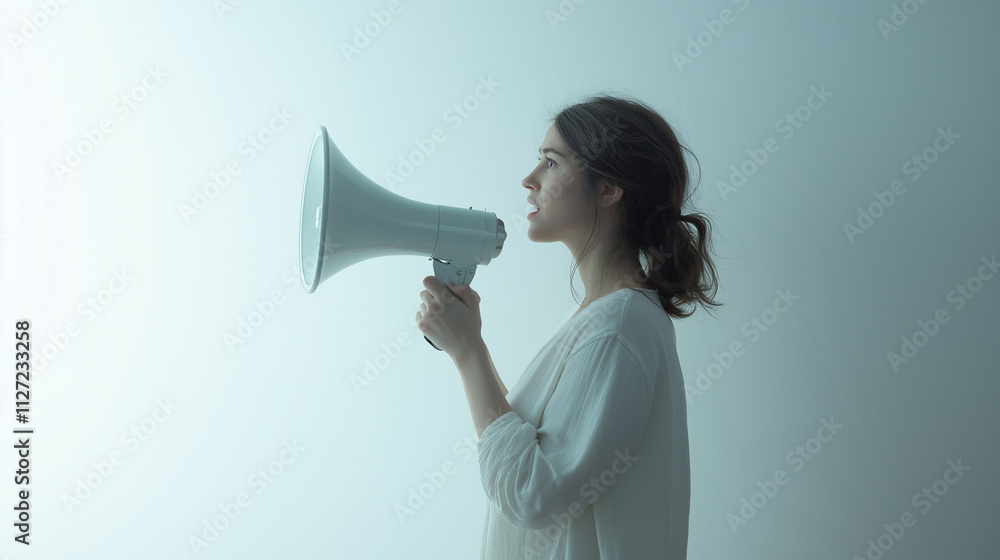 Woman Holding Megaphone in Side View Isolated Against White Background Woman Holding Megaphone in Side View Isolated Against White Background