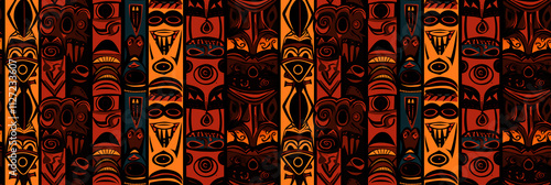 Patterns of traditional African masks, tribal and intricate, cultural and mysterious. Background, seamless pattern.