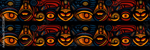 Patterns of traditional African masks, tribal and intricate, cultural and mysterious. Background, seamless pattern.