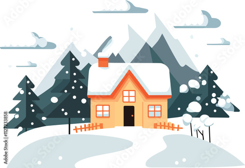 a flat vector representing landscape winter house on white background. 