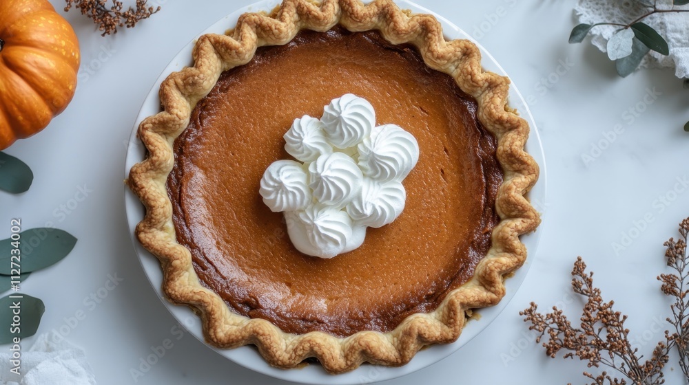 A delicious Thanksgiving pumpkin pie with a golden crust and whipped cream garnish, captured on a white background to emphasize its festive appeal. A delicious Thanksgiving pumpkin pie with a golden crust and whipped cream garnish, captured on a white background to emphasize its festive appeal.