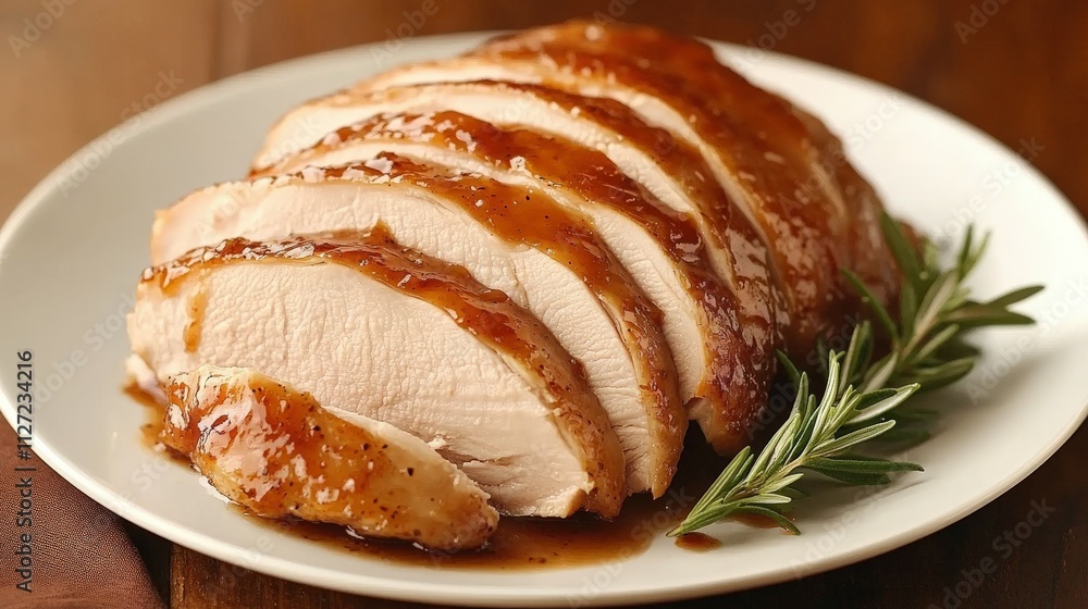 Sliced roast turkey with savory sauce on a plate Sliced roast turkey with savory sauce on a plate