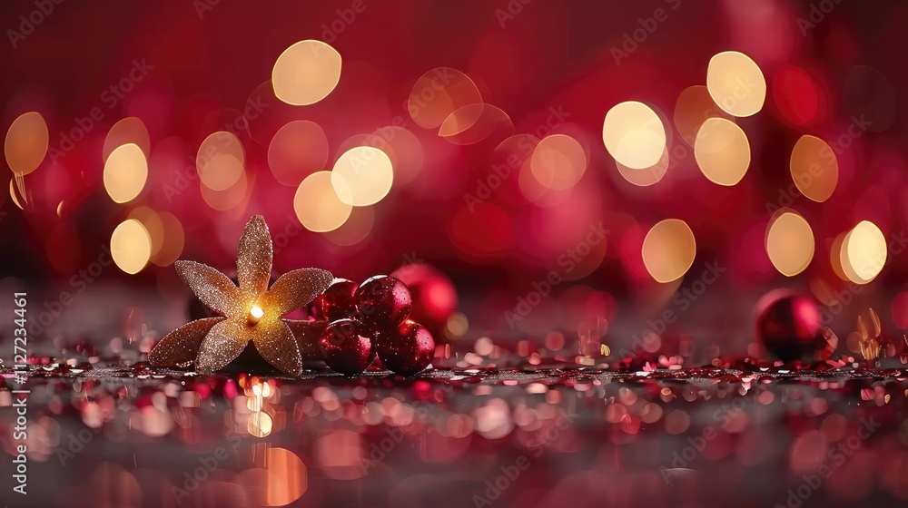 Festive candle, ornaments, and glitter on red bokeh background. Festive candle, ornaments, and glitter on red bokeh background.