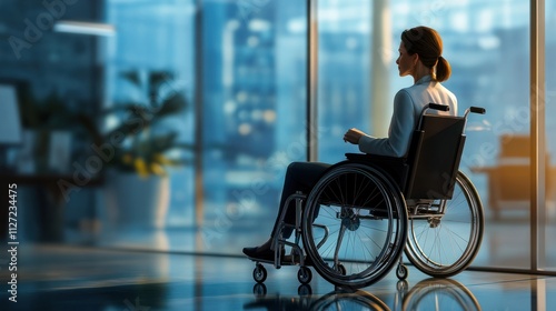 Business woman with disability in wheelchair. Office inclusion concept