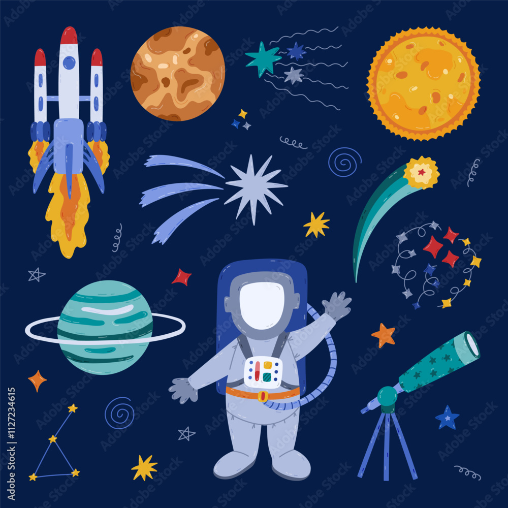 Naklejka premium Cute cartoon space and astronomy set with cosmonaut, rocket, telescope, the Sun, star dust, celestial bodies. Childish symbols of cosmos. Hand drawn clipart collection isolated on background.