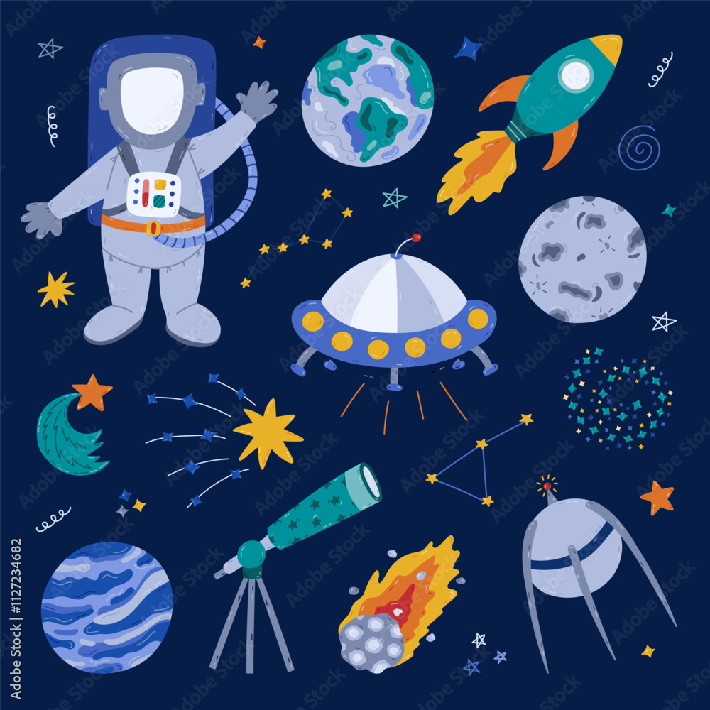 Cute cartoon cosmos and astronomy set with cosmonaut, UFO ship, satellite, Earth and Moon, star dust, jet. Childish symbols of galaxy. Hand drawn clipart collection isolated on background. Cute cartoon cosmos and astronomy set with cosmonaut, UFO ship, satellite, Earth and Moon, star dust, jet. Childish symbols of galaxy. Hand drawn clipart collection isolated on background.