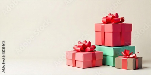 Stacked Gift Boxes with Red Ribbons on Light Background