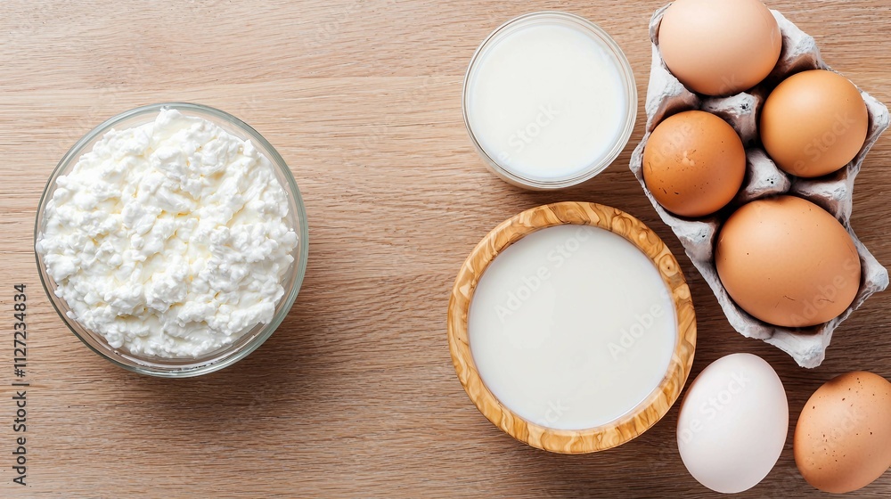Fresh Dairy Products and Eggs on a Wooden Surface Background Fresh Dairy Products and Eggs on a Wooden Surface Background
