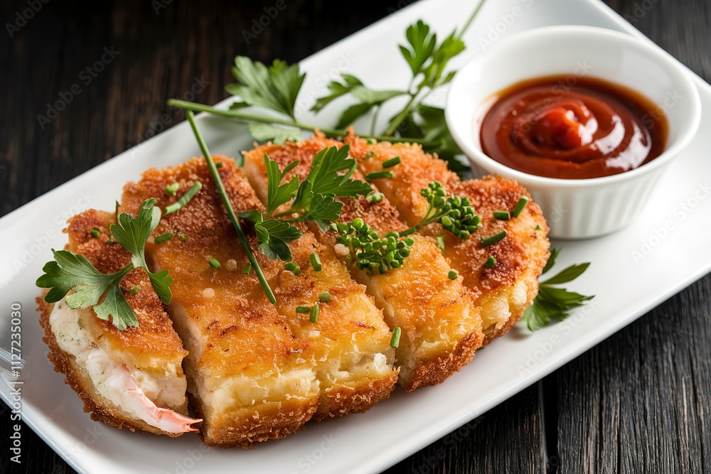 A photo of a golden-brown, crispy creamy crab croquette on a white plate A photo of a golden-brown, crispy creamy crab croquette on a white plate