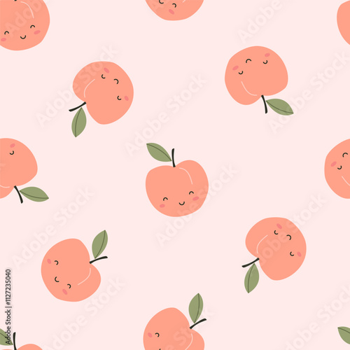 Seamless pattern with cute peach fruits on a colored background. Vector illustration for printing. Cute children's background. Food and drinks