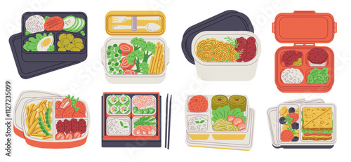 Vector illustration with a set of lunch boxes with rolls, berries, fish, meat and vegetables