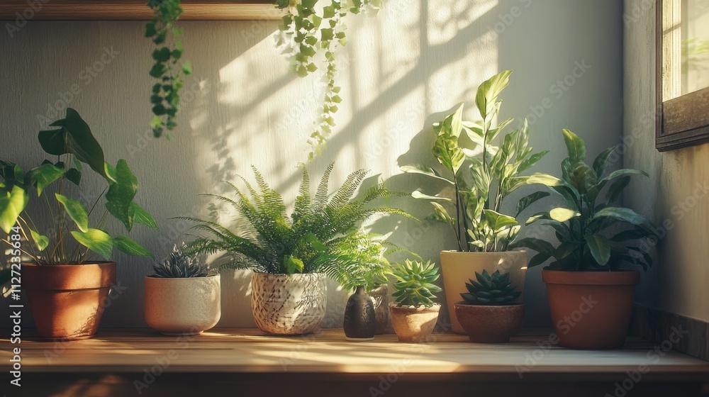 Sunlit indoor plants on a wooden shelf, showcasing various greenery in terracotta and ceramic pots. Sunlit indoor plants on a wooden shelf, showcasing various greenery in terracotta and ceramic pots.