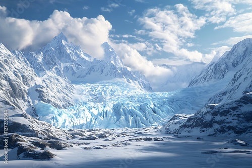 A stunning snowy mountain landscape featuring a glacier and dramatic clouds.