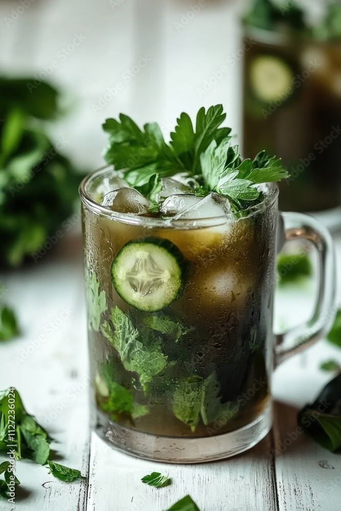 Fototapeta premium Refreshing drink with cucumber and herbs in a glass, garnished with ice and greenery.