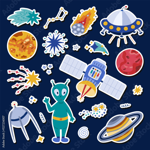 Cute cartoon sticker set about space, astronomy for planners, notebooks. Ready for print list of kids stickers with friendly alien, flying saucer, satellite, planet Mars, Big Dipper. Diary clipart.