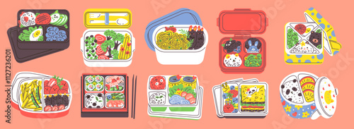 Opened childish bento box with food decorated with emoticons, cartoon lunchbox with various dishes, kids menu vector set