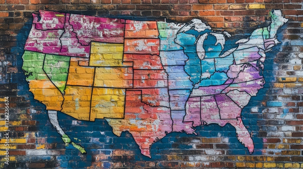 Fototapeta premium Colorful Graffiti Map of the United States on a Brick Wall