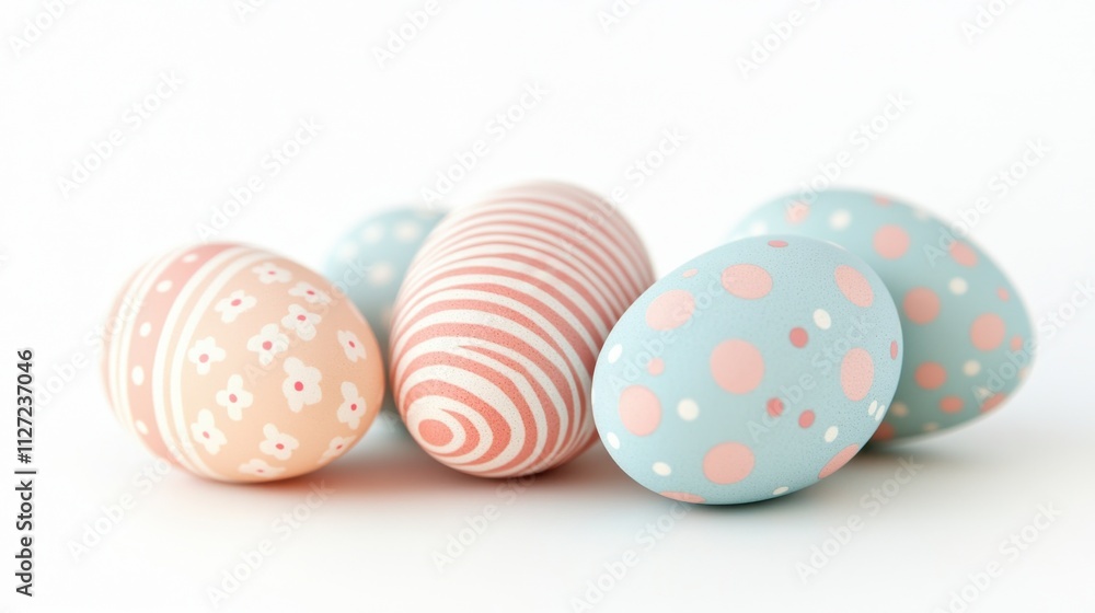 A set of patterned Easter eggs with delicate details, including polka dots and stripes, isolated on a bright white background. A set of patterned Easter eggs with delicate details, including polka dots and stripes, isolated on a bright white background.
