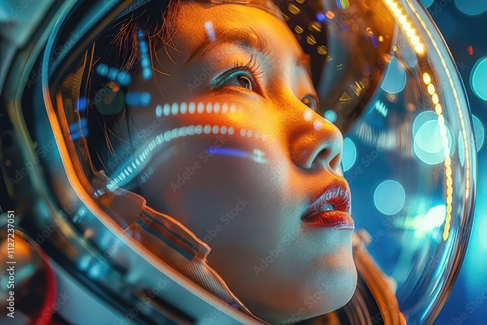 Close-up of female astronaut's face in helmet, illuminated by futuristic lights. Close-up of female astronaut's face in helmet, illuminated by futuristic lights.