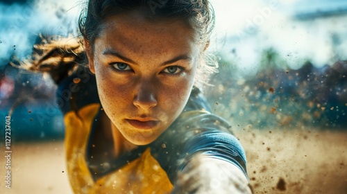 Dynamic Softball Player Captures Action in the Moment with Intense Focus and Power