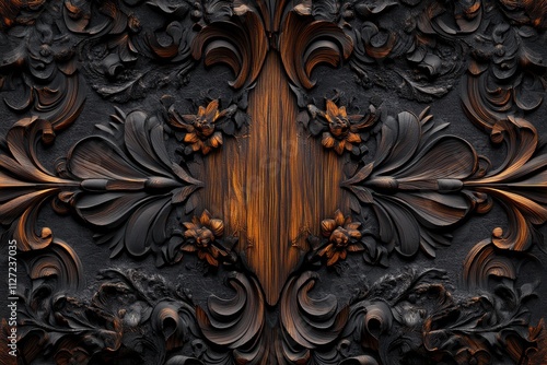 Ornate carved wood with intricate floral details in black and copper photo