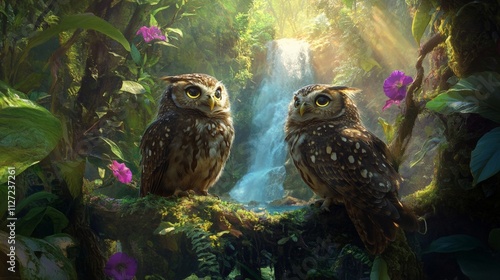 Fototapeta Naklejka Na Ścianę i Meble -  Two owls resting near a waterfall in a lush green forest, sunlight filters through leaves, creating a serene atmosphere.
