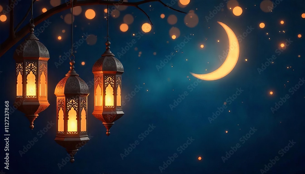 A row of lanterns with a crescent moon in the background, lantern for islamic ramadan celebration A row of lanterns with a crescent moon in the background, lantern for islamic ramadan celebration