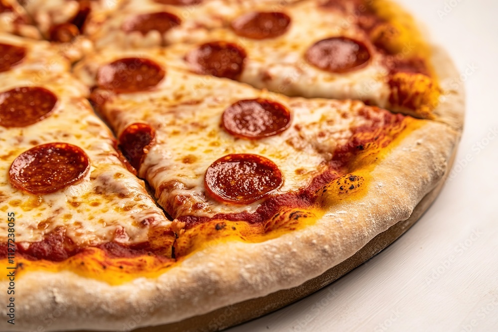 Close-up of cheesy pepperoni pizza slice on white Close-up of cheesy pepperoni pizza slice on white
