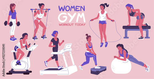 Women gym workout today vector poster, athlete girl on sport equipment, training on bike, treadmill, fitness exercises