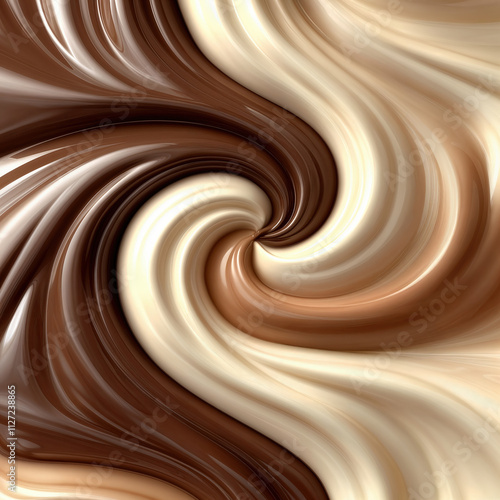 Swirl of dark, milk and white hot chocolate creating an abstract and luxurious design. Perfect for branding, advertising, sweets and confectionery packaging. photo