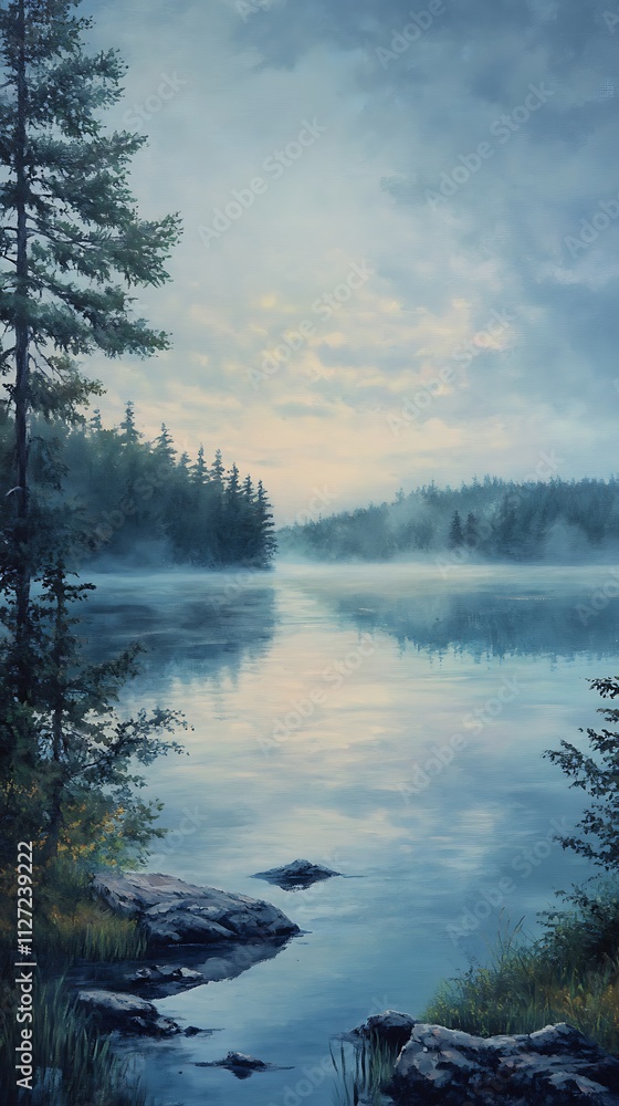 Fototapeta premium Serene lakeside landscape with misty reflections and lush trees under a cloudy sky.