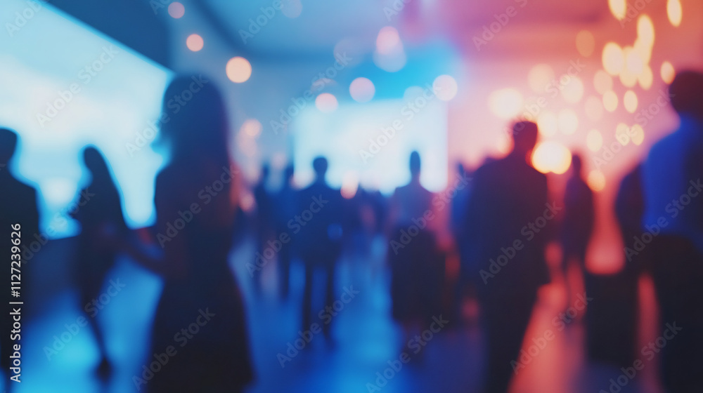 Blurred silhouettes of professionals at a conference hall presentation with blue and red lighting Blurred silhouettes of professionals at a conference hall presentation with blue and red lighting