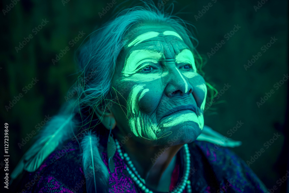 Elderly indigenous woman with neon face paint in traditional attire Elderly indigenous woman with neon face paint in traditional attire