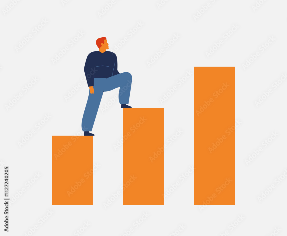 Man moves forward through motivation. Male raising up with effort and ambitions on business success stairs. Career personal growth and development. Self belief concept. Vector illustration Man moves forward through motivation. Male raising up with effort and ambitions on business success stairs. Career personal growth and development. Self belief concept. Vector illustration