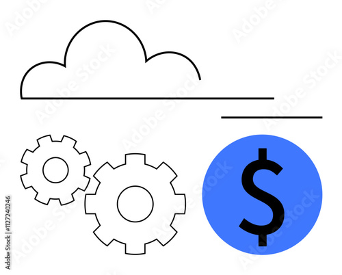 Cloud above two gears and dollar symbol. Ideal for cloud storage services, cost analysis, technology solutions, financial planning, IT automation, economic efficiency, business strategies. Line