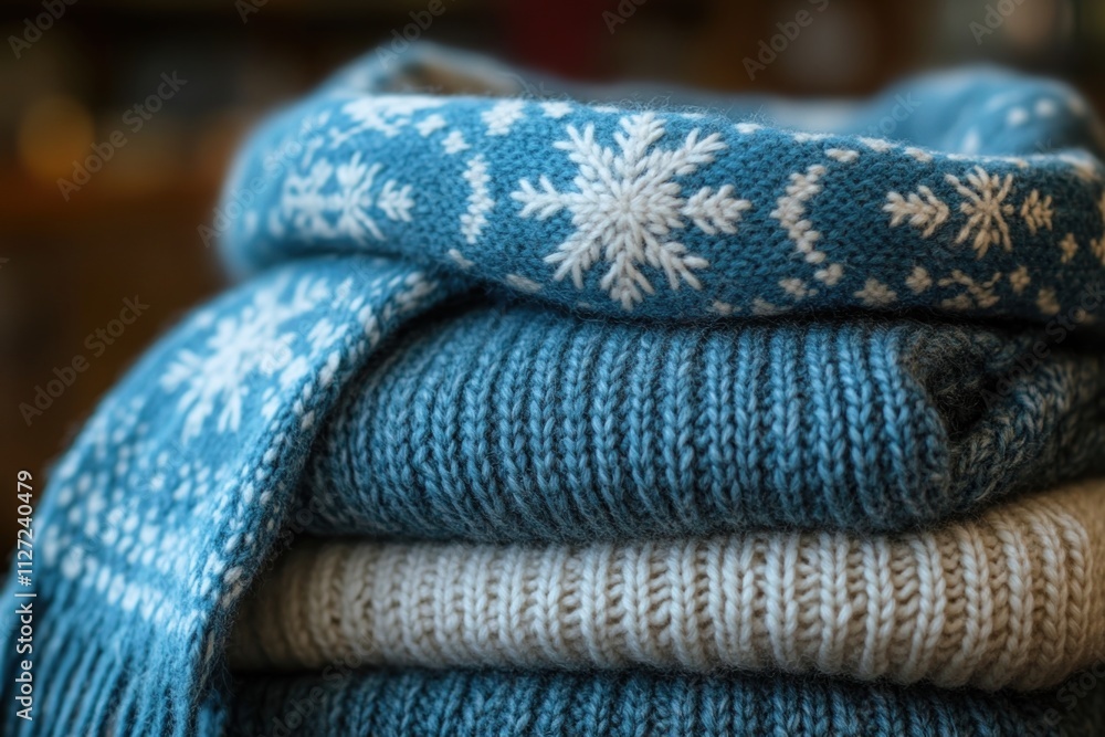 Fototapeta premium Cozy Blue and White Knitted Winter Scarves with Snowflake Pattern on a Stack for Warm Comfort, Winter Clothing Concept