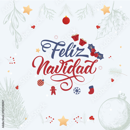 Feliz Navidad, handwritten phrase, translated from Spanish Marry Christmas. Vector New Year's Tinsel illustration