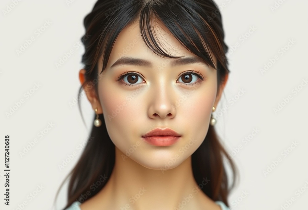 A neutral expression half-length portrait of a young adult woman. A neutral expression half-length portrait of a young adult woman.