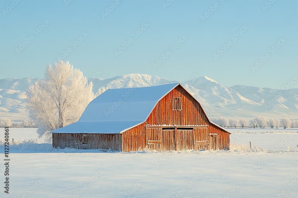 Winter landscape with rustic barn covered in snow, surrounded by mountains and frosty trees, rural serenity concept Winter landscape with rustic barn covered in snow, surrounded by mountains and frosty trees, rural serenity concept